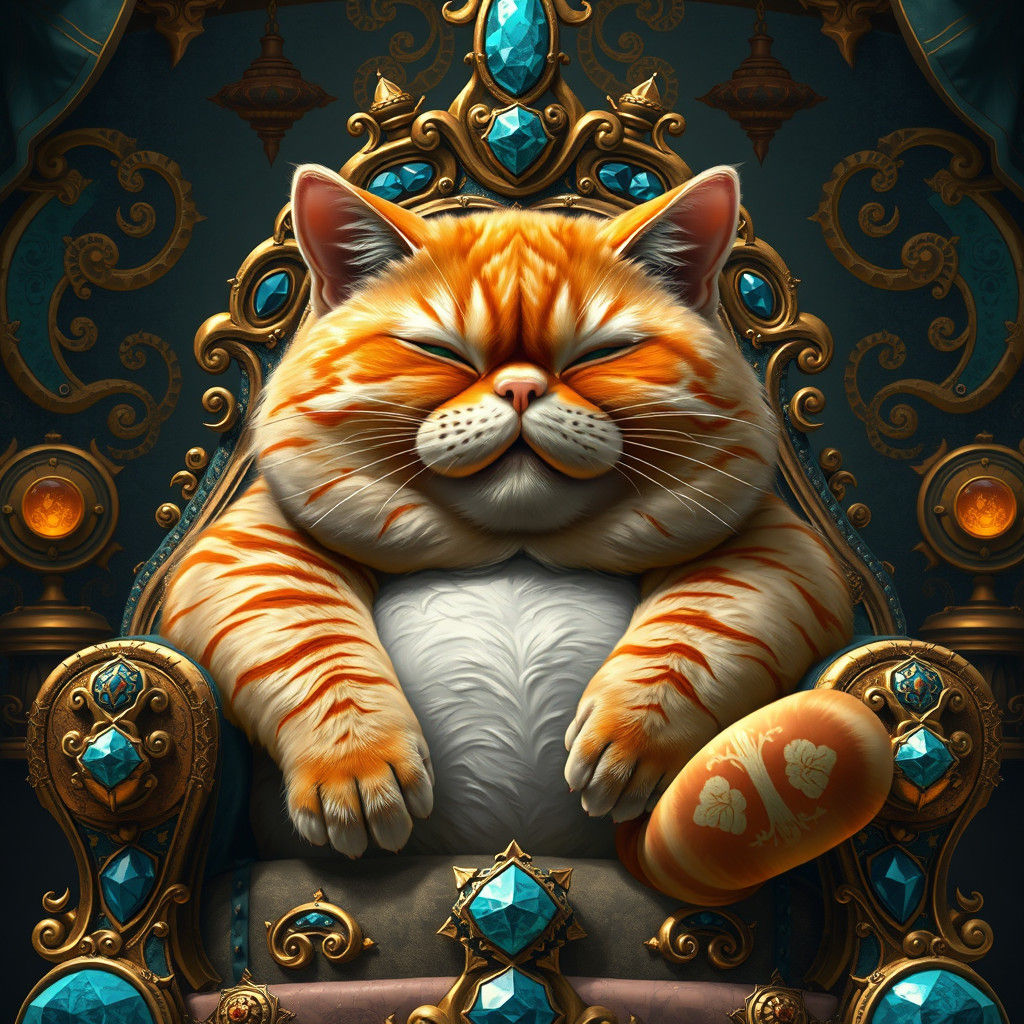 Obese Orange Cat on Gemstone Throne, Digital Art