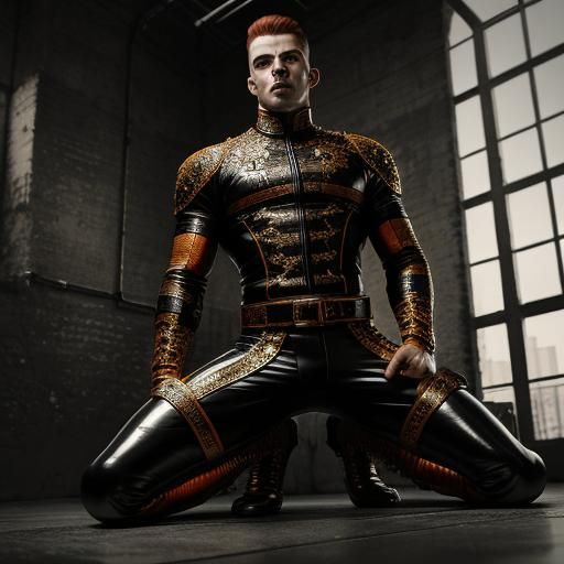 Muscular Man in Leather Uniform in Dungeon