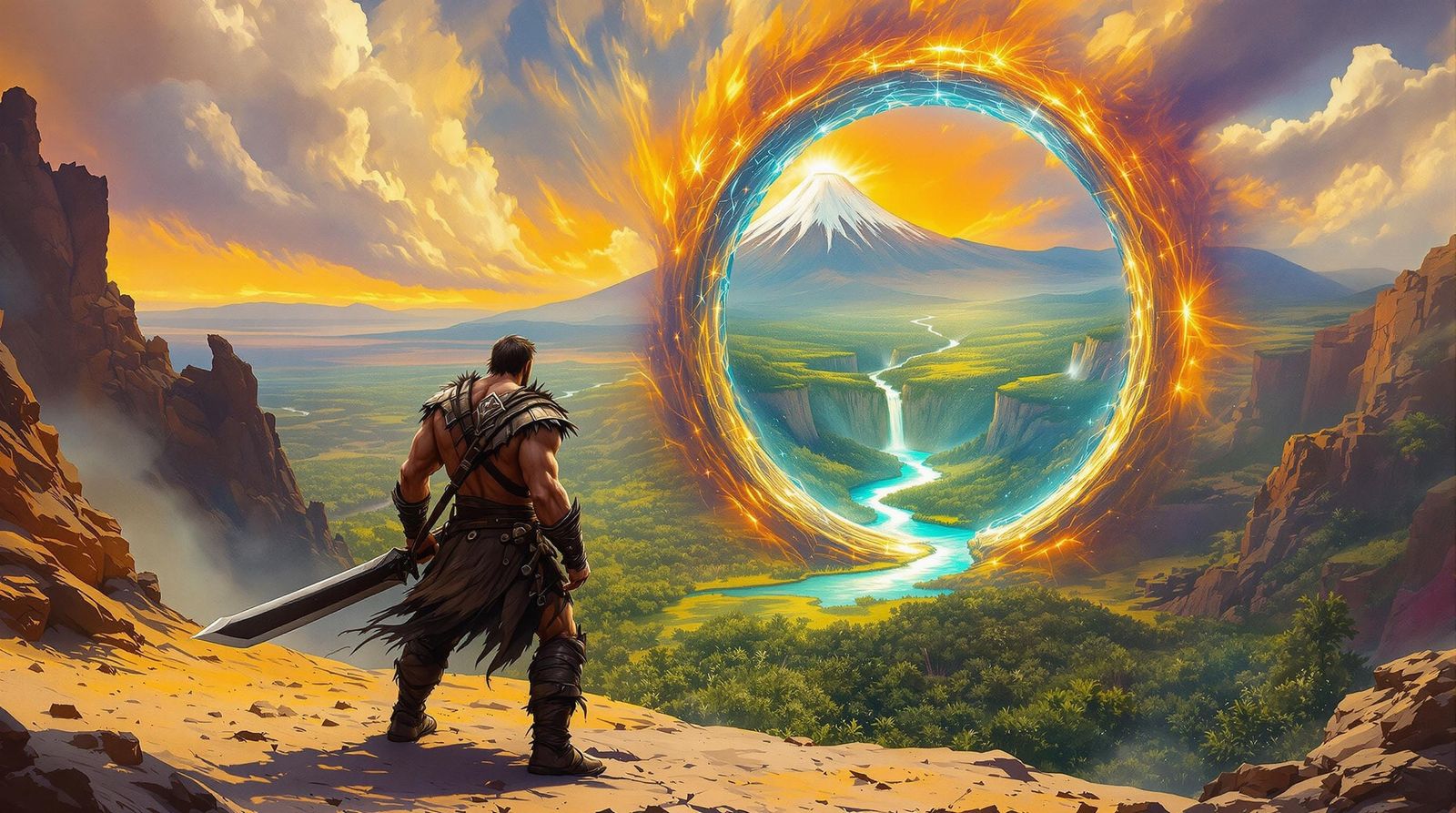 Barbarian Warrior Stands Before Time Portal to a Lush Jungle