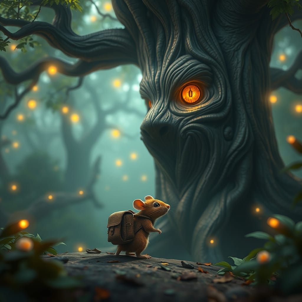 Mystical Mouse Meets Ancient Tree in Whimsical Forest