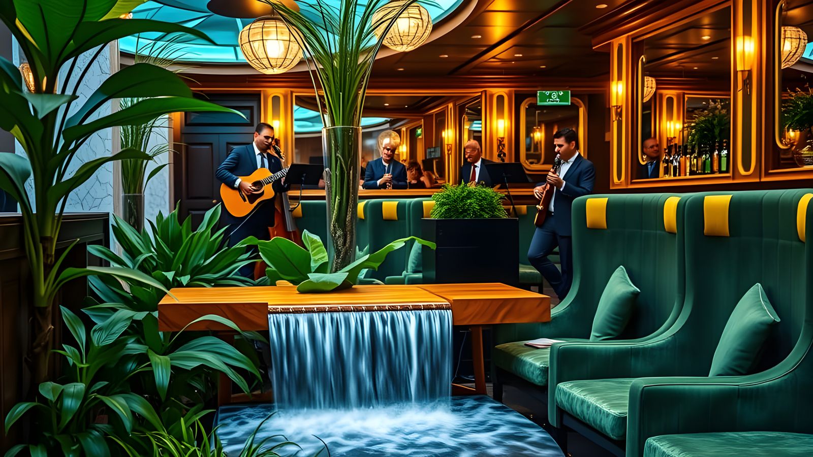 Surreal Waterfall Jazz Bar in Art Deco Style