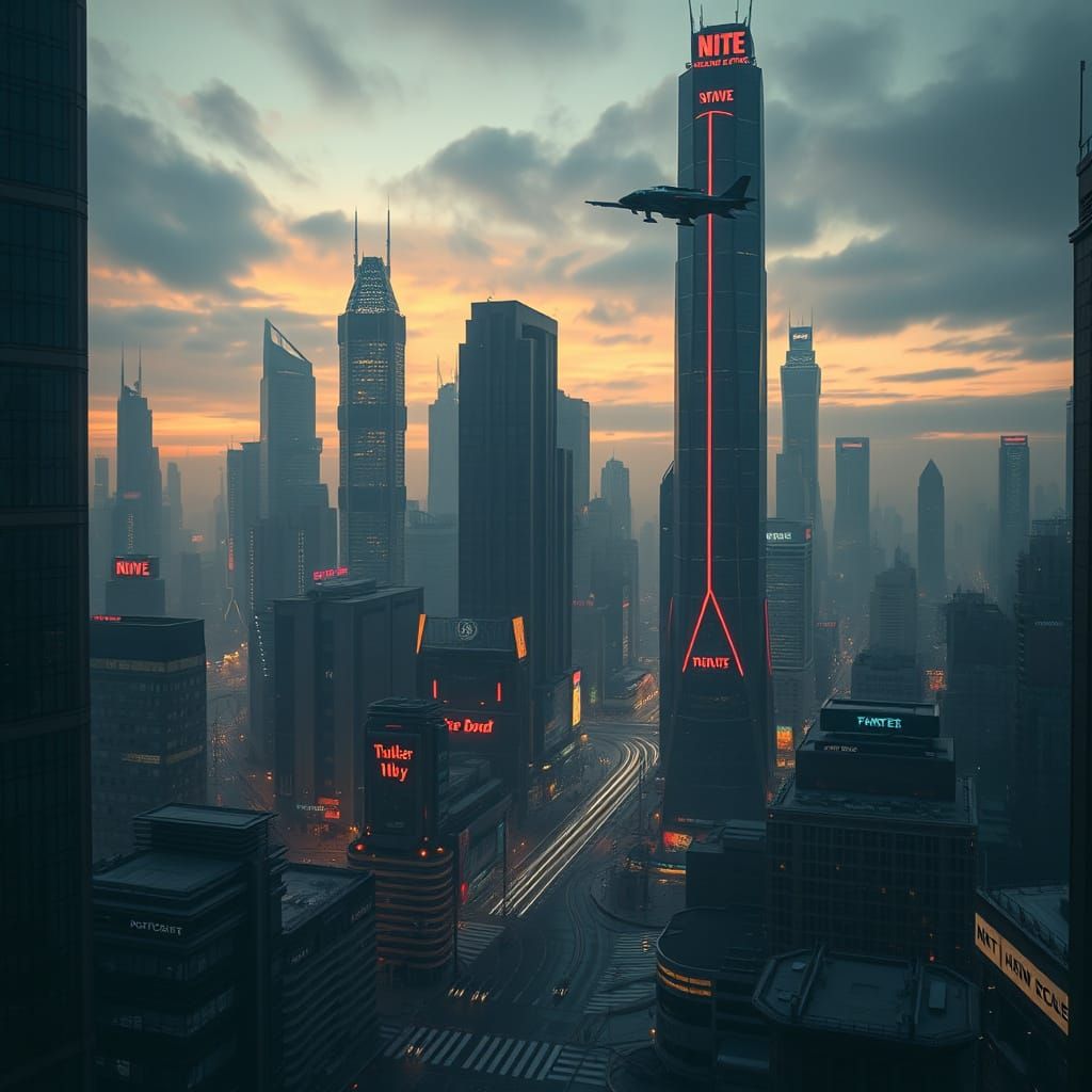 Futuristic Cityscape at Twilight with Neon Lights