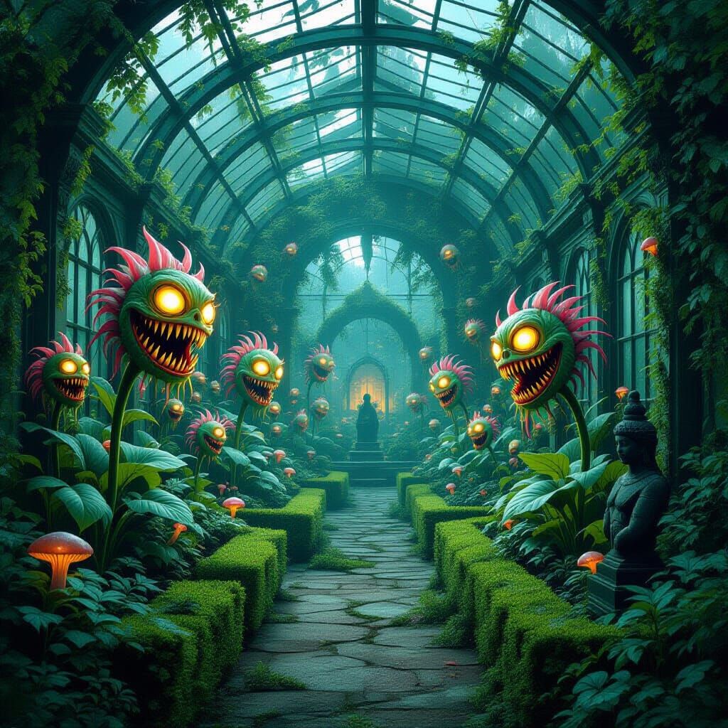 Mystical Overgrown Garden with Eerie Sentient Flowers