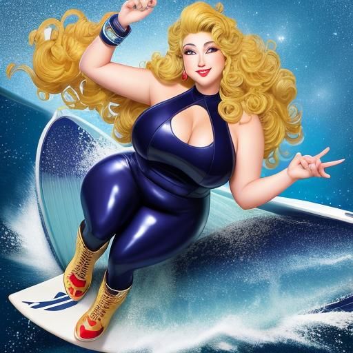Curvy Woman Surfing in Outer Space