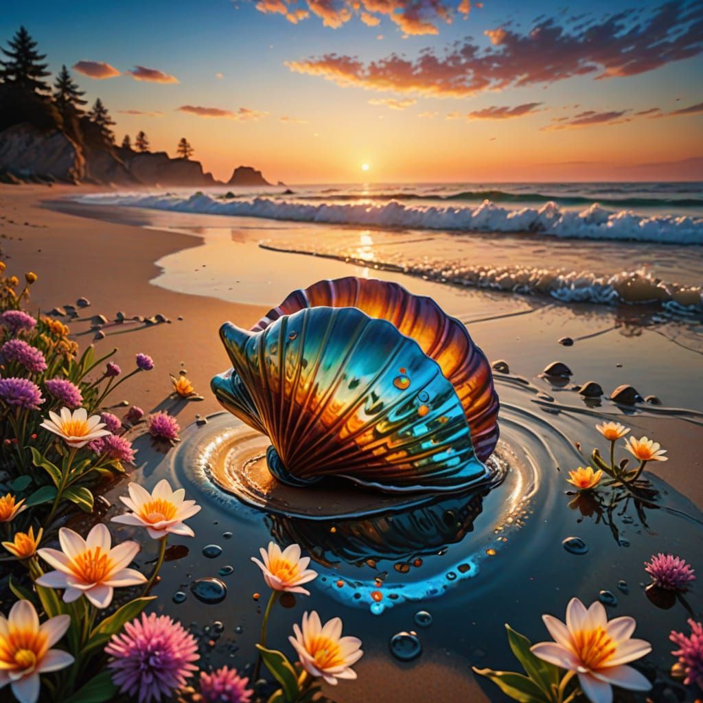 Surreal Seashell Oasis Blooms with Vibrant Spring Colors