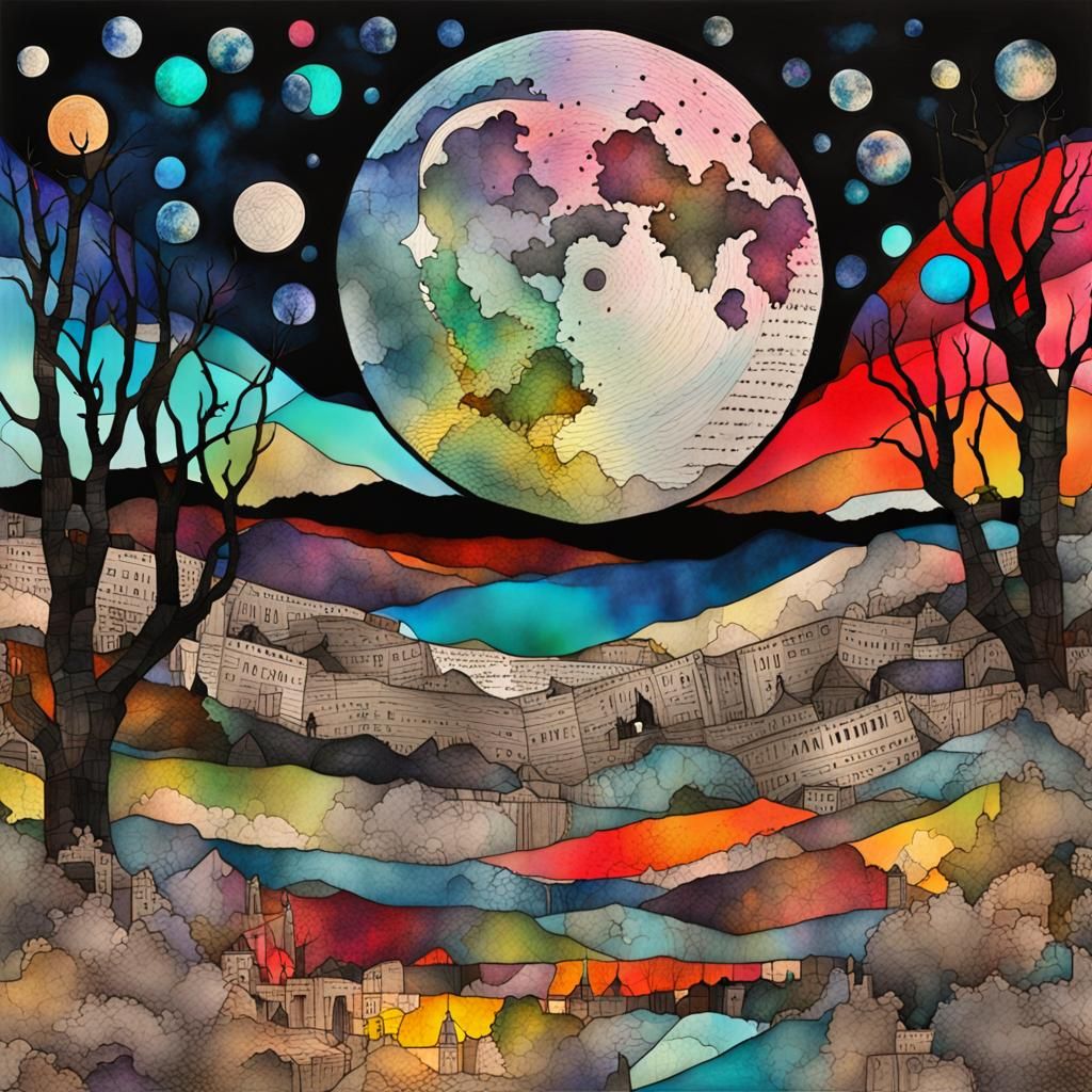 Creepy Moonscape in Mixed Media Collage