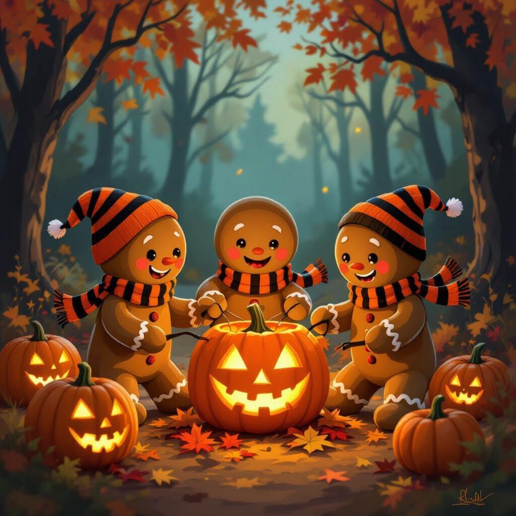 Gingerbread Men Carve Pumpkins in Autumn Forest