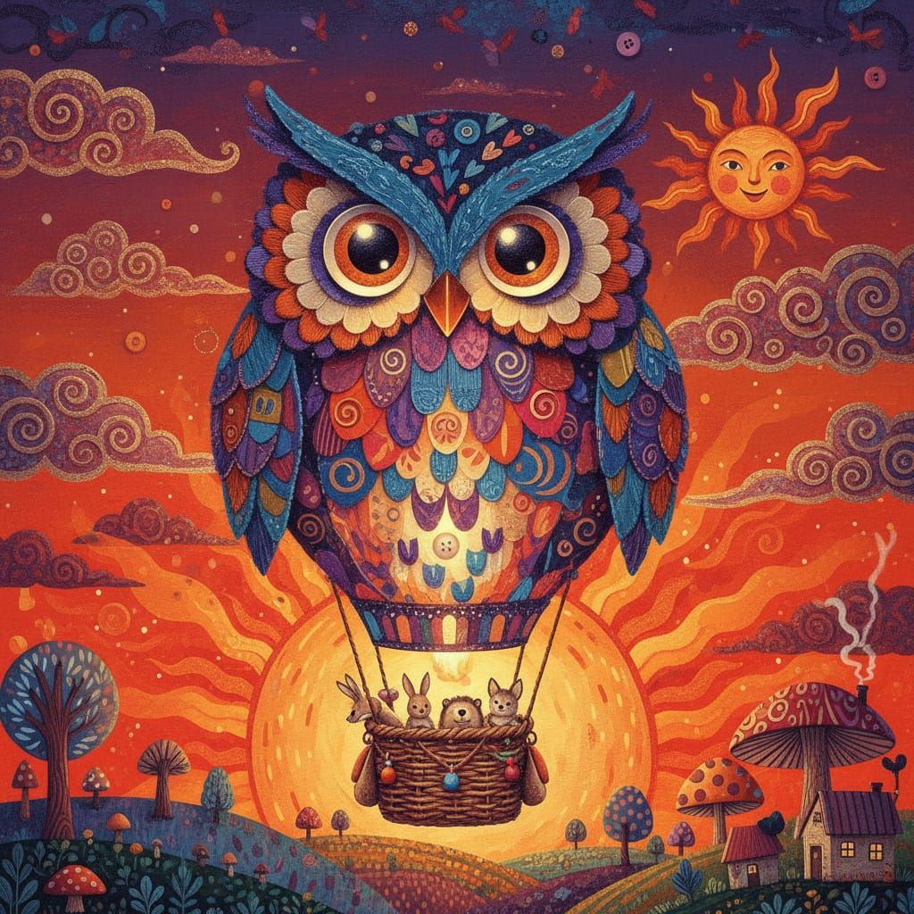 Cute Owl Hot Air Balloon at Vibrant Sunset