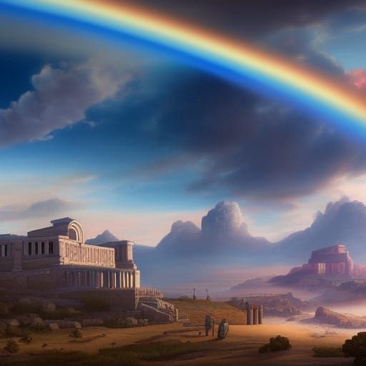 Ancient Greek Astrologers Under Rainbow Sky