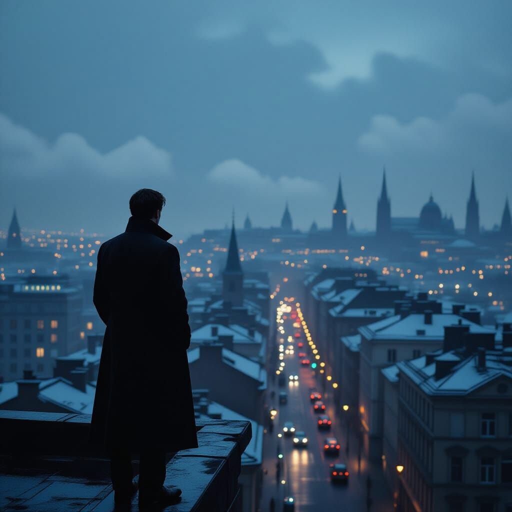 Contemplative Writer Gazing at City Lights