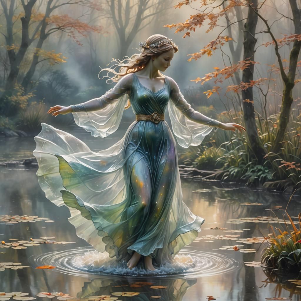 Glass Woman Statue Dancing on Misty Autumn Pond