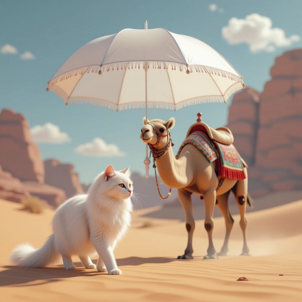 Shimmering Cat in Rosé Desert, Detailed Matte Painting