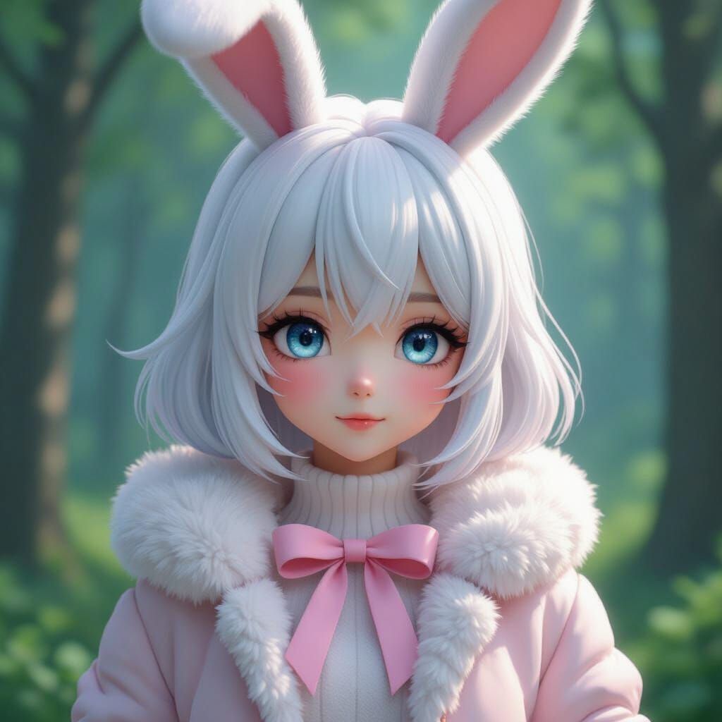 Anime Girl with Bunny Ears in Whimsical Forest