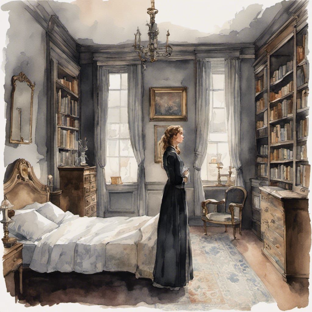 Victorian Woman's Ghostly Reflection as Watercolour Painting