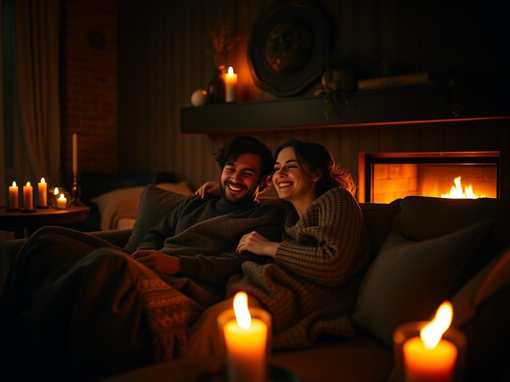 Cozy Candlelit Moment in a Whimsical, High-Contrast Setting