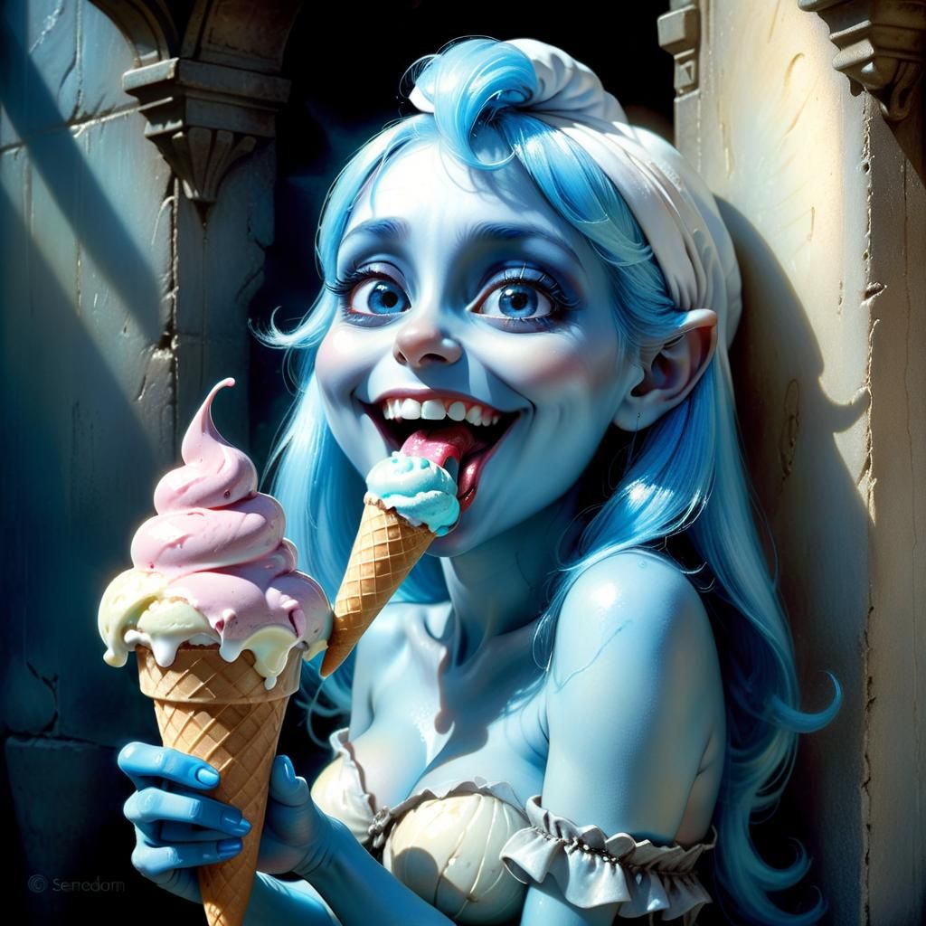 Smurfette Licking Iridescent Ice Cream in Psychedelic Art