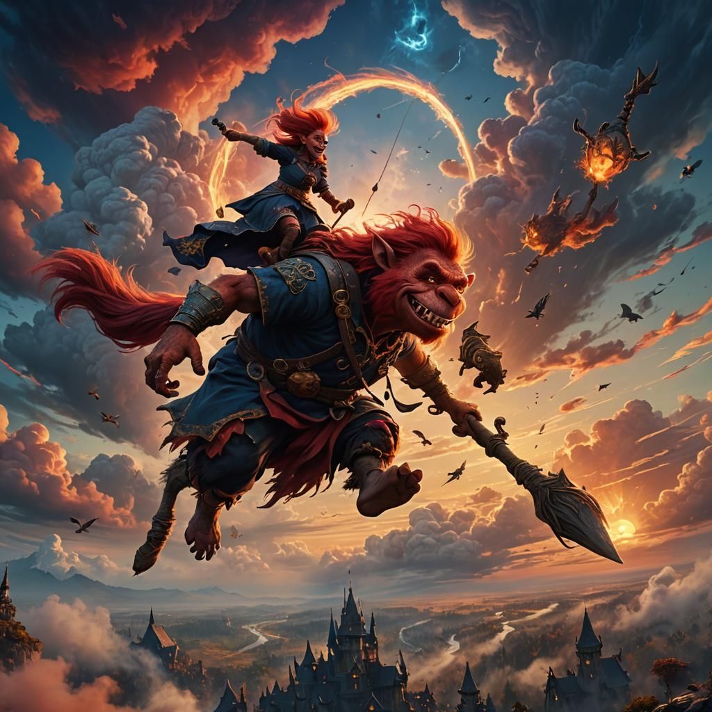 Flying Red Troll Chasing Witch: Art Nouveau Fantasy