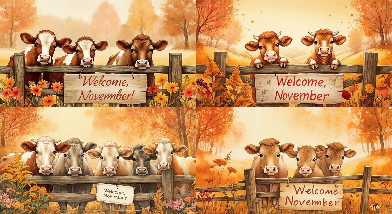 Cows Welcome November in Watercolor Autumn Scene