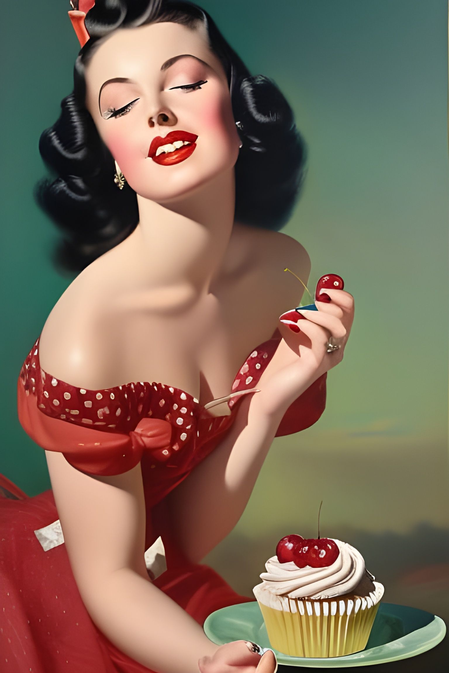 Vintage Pin-Up Girl with Cupcake in Oil Painting Style