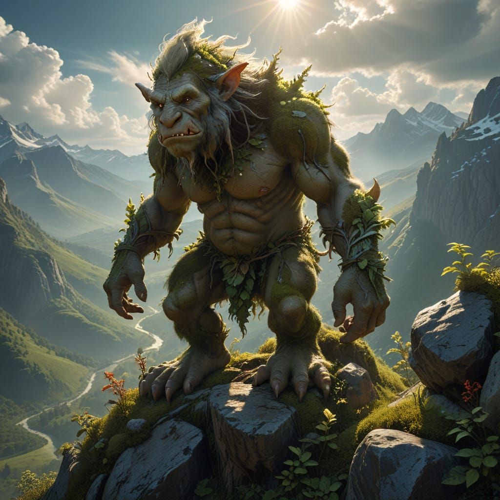 Majestic Troll Surveys Sunlit Valley in Fantasy Art