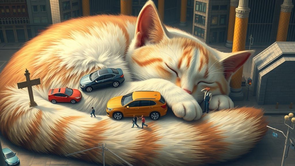 Giant Fluffy Cat Sleeps in Metropolis