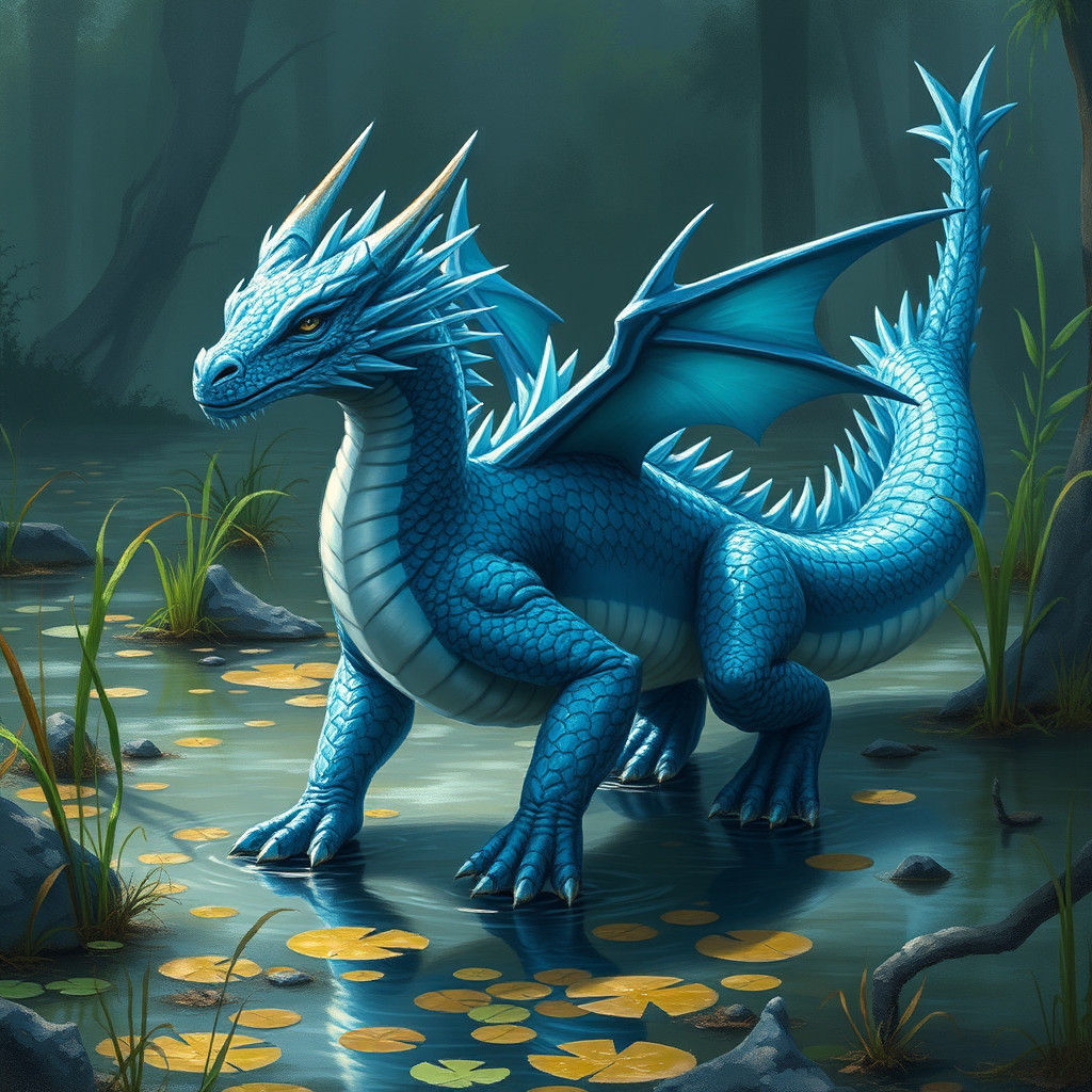 Icy Water Dragon in Mystical Marshland Painting