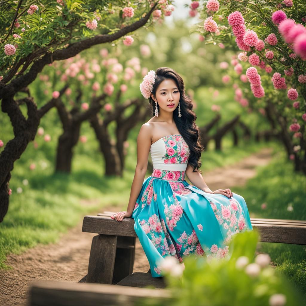 Hmong Woman in Flower Orchard Portrait
