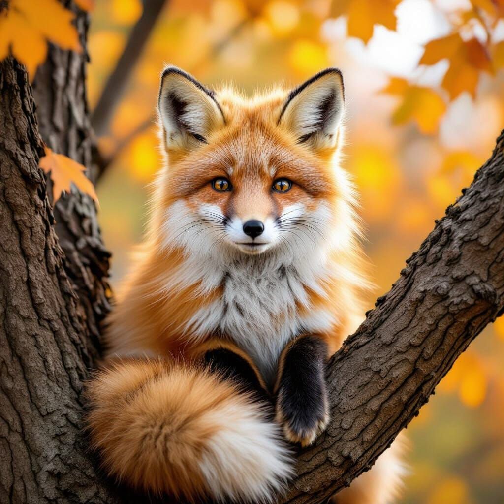 Cute Fluffy Fox in Autumn Tree