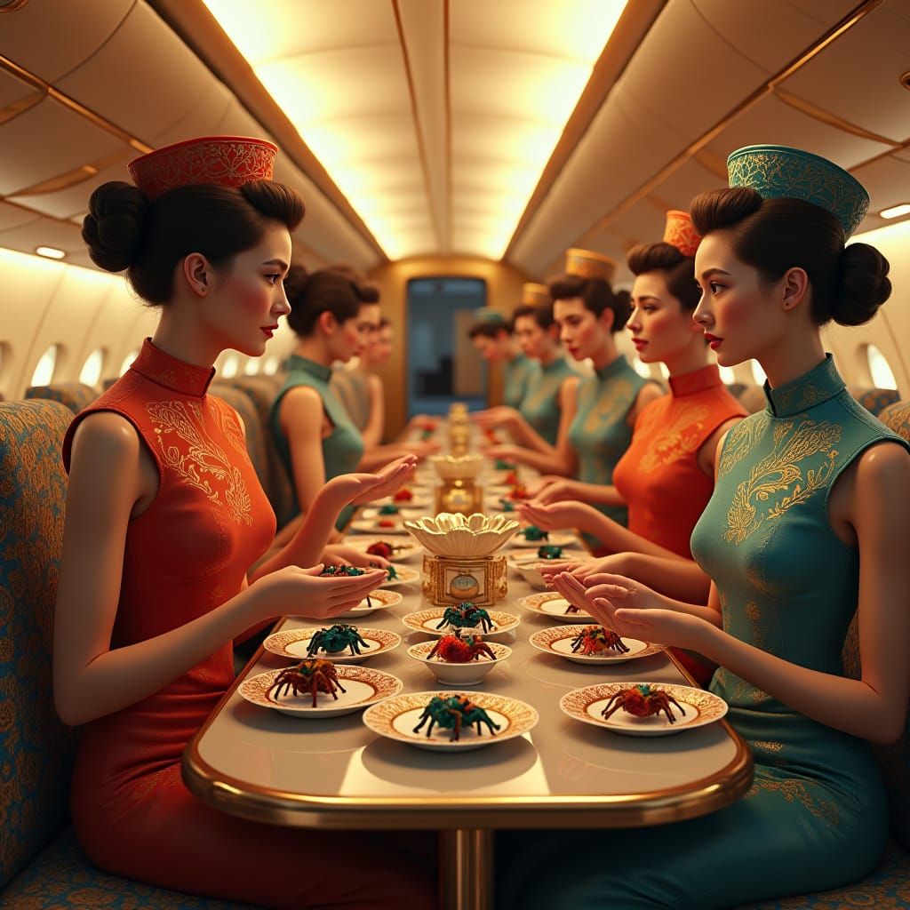 Air Hostesses Serving Spiders in Retro-Futuristic 747