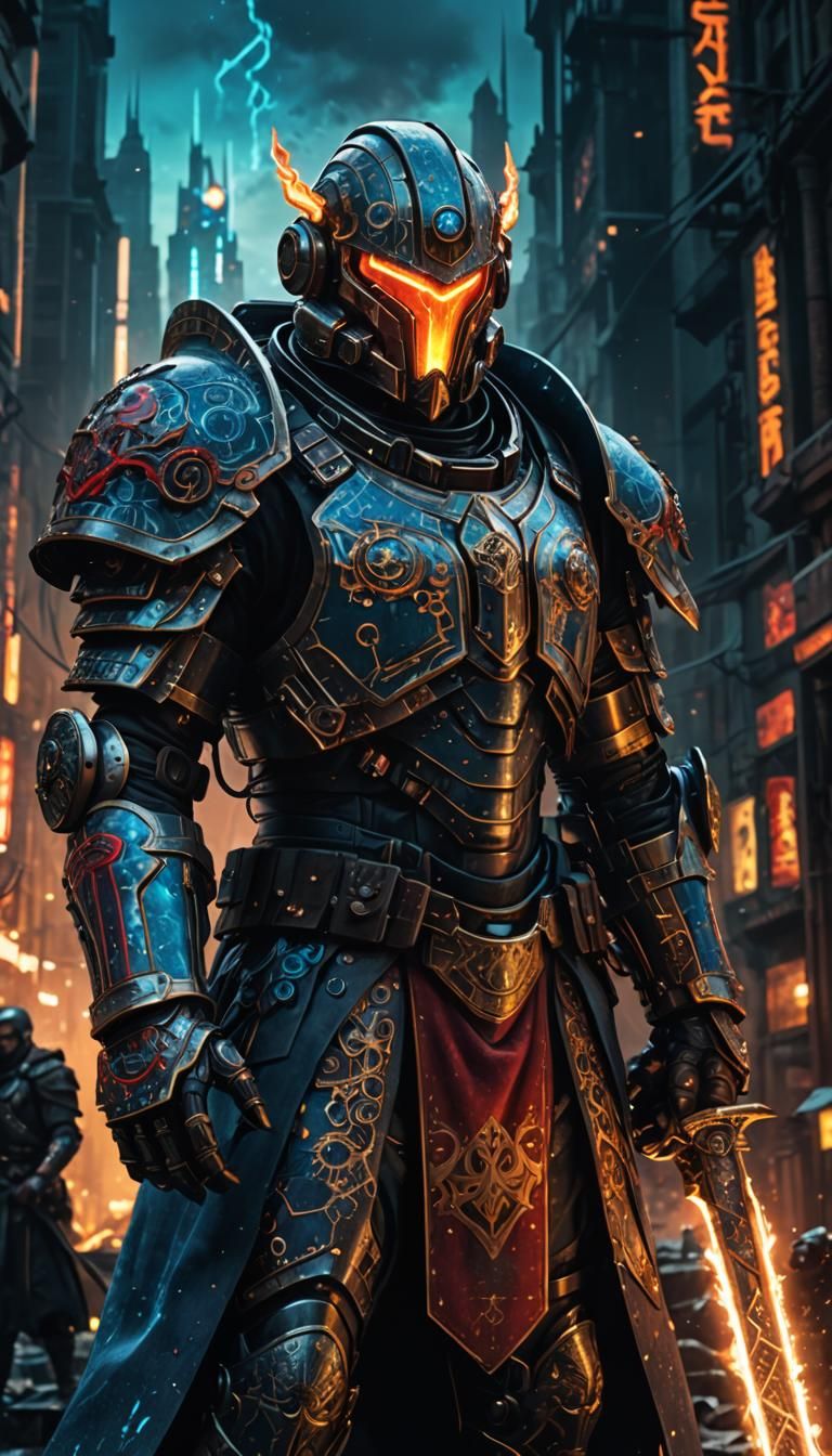 Cyberpunk Priest in Power Armor with Firesword