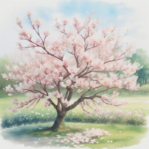 Watercolor Magnolia Tree Blooming in Impressionist Style