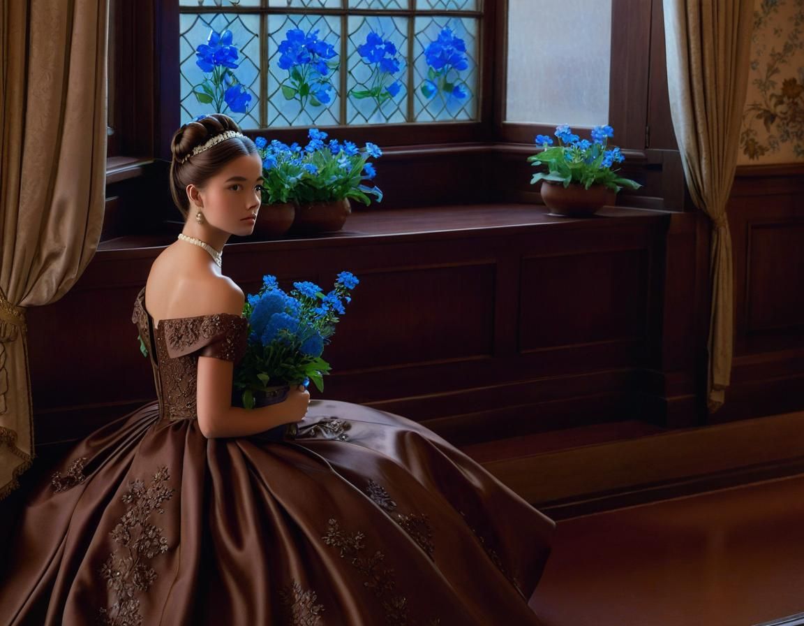 Princess in Mahogany Room with Blue Flowers