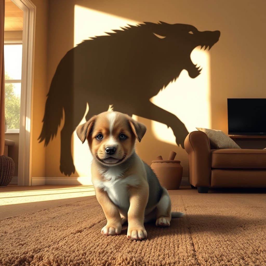 Charming Puppy Surrounded by a Fearsome Wolf Shadow in a Coz...