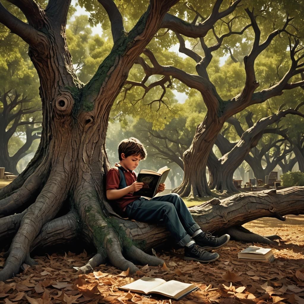 Boy Reading Under a Tree: Fantasy Concept Art