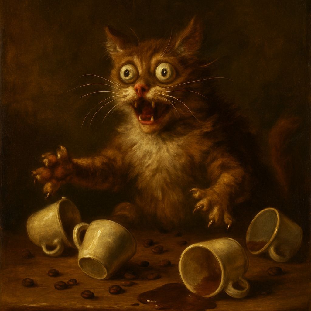 Humorous Renaissance Painting: Cat Overdosed on Coffee