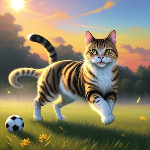 Majestic Cat Catches Glowing Orb in Golden Hour Field
