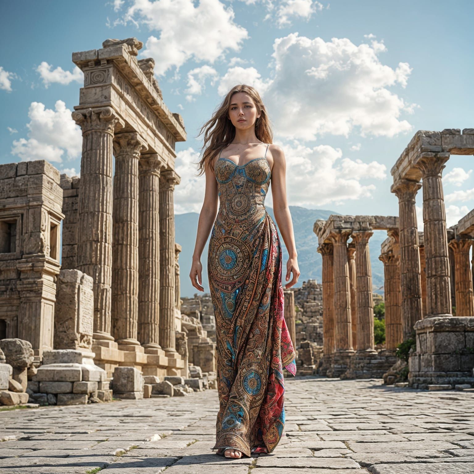 Goddess in Latex Dress Amidst Ancient Ruins