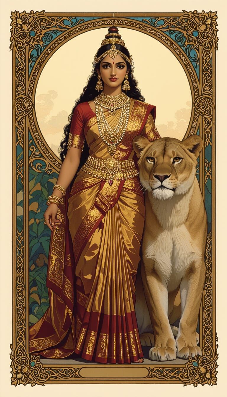 Regal Indian Queen and Lioness in Classical Style