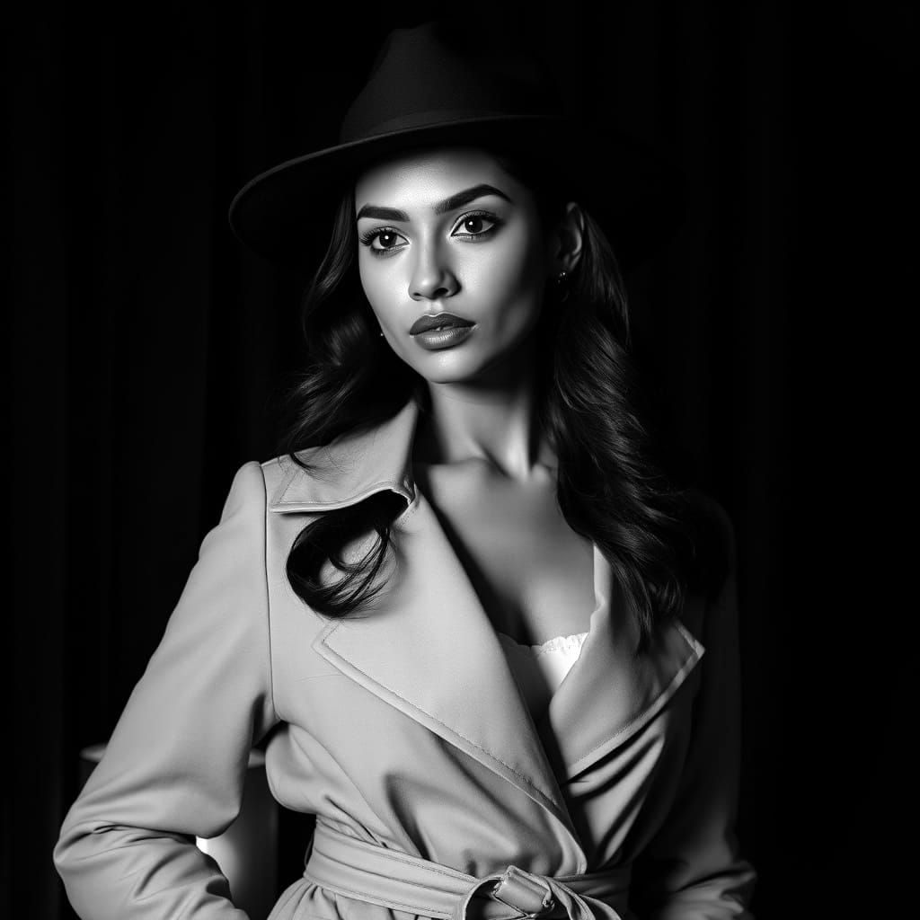 Noir Latina Woman in Trench Coat and Fedora