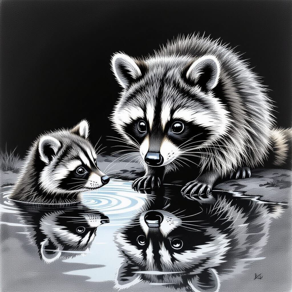 Baby Raccoon Sees Adult Reflection in Charcoal Drawing