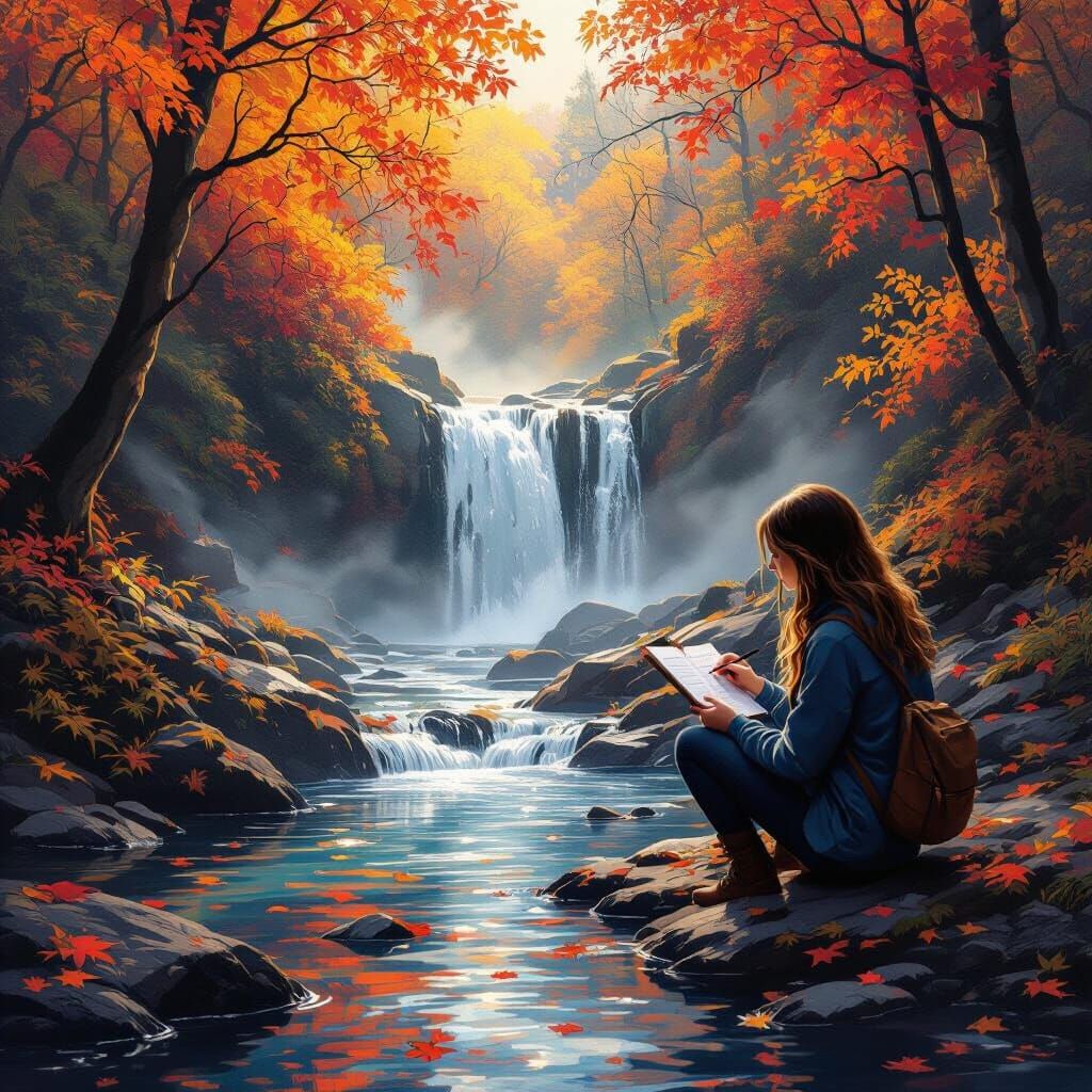 Woman Sketches Misty Waterfall Amidst Glowing Autumn Forest