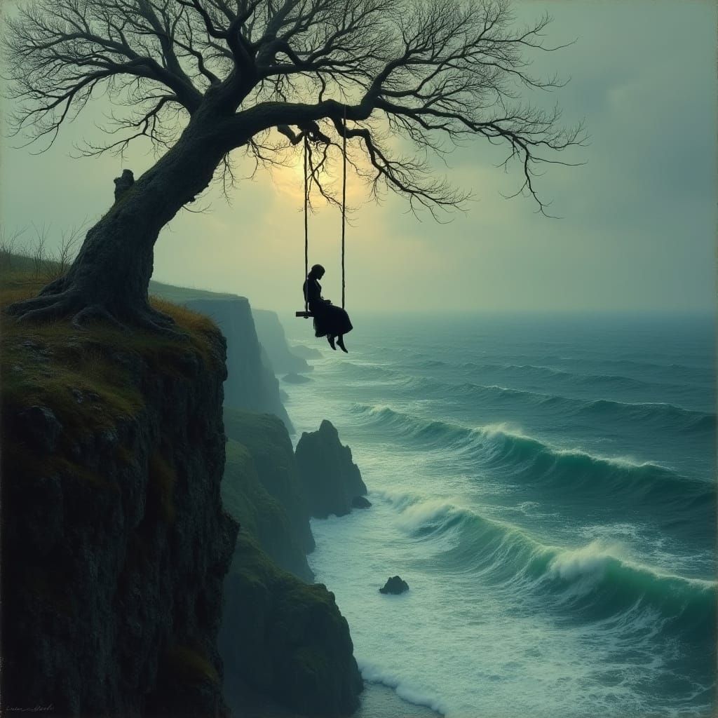 Dramatic Landscape of a Woman on a Swing Overlooking a Storm...