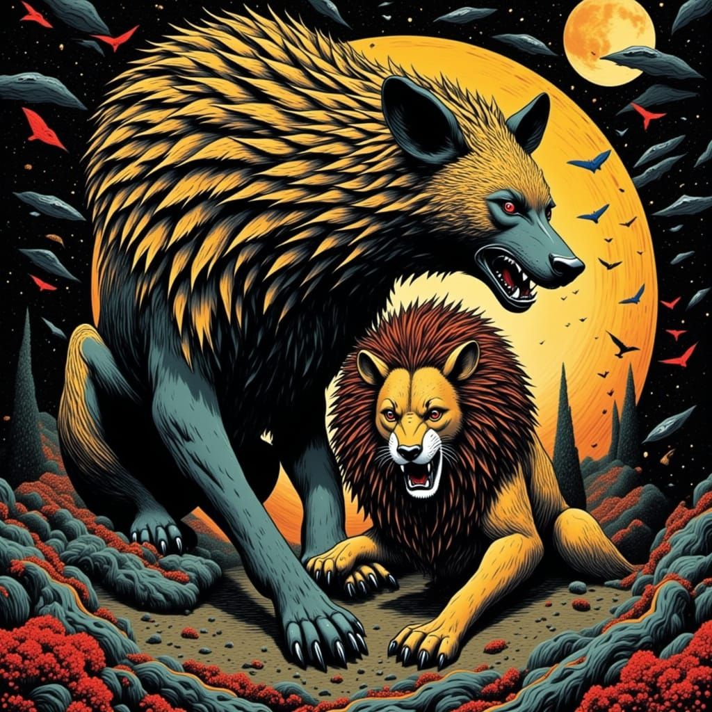 Giant Hyena Attacks Lion in Cyberpunk Apocalypse