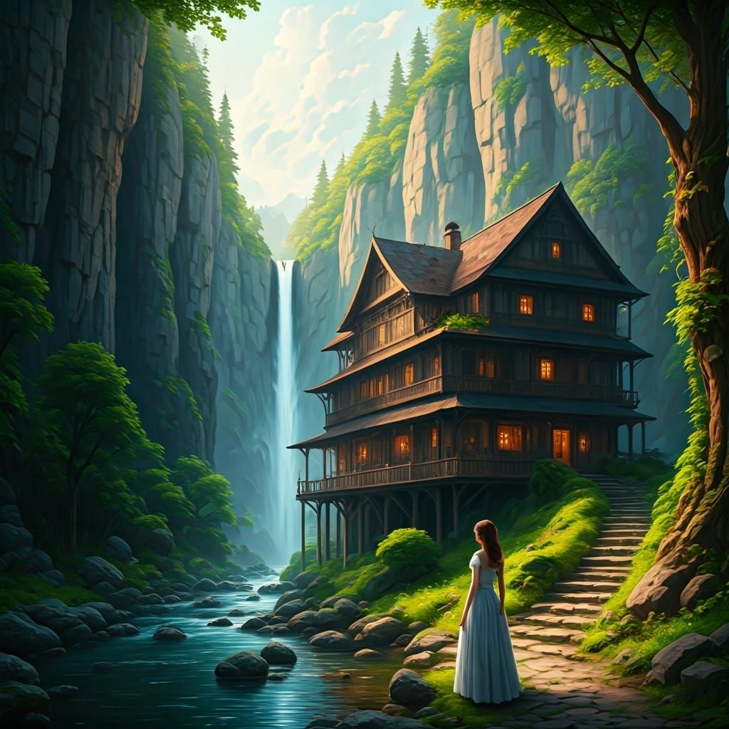 Serene Woman by Stream in Impressionist Style