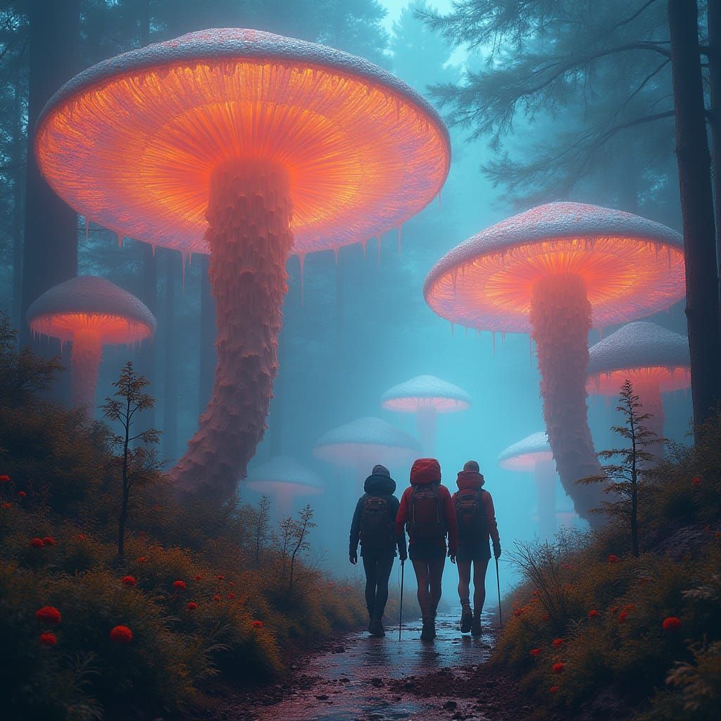 Hikers Bask in Radiant Glow of Giant Mushrooms