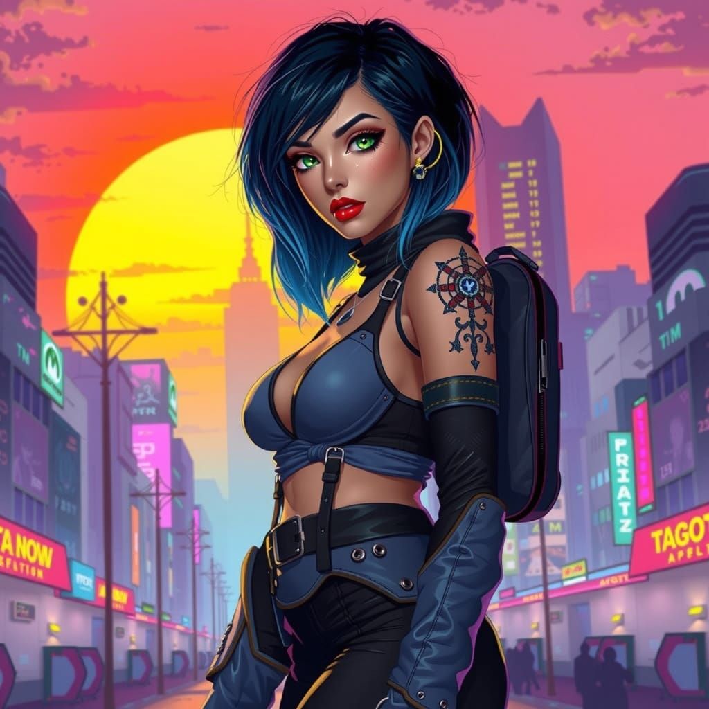 Cyberpunk Woman with Neon Accents at Sunset