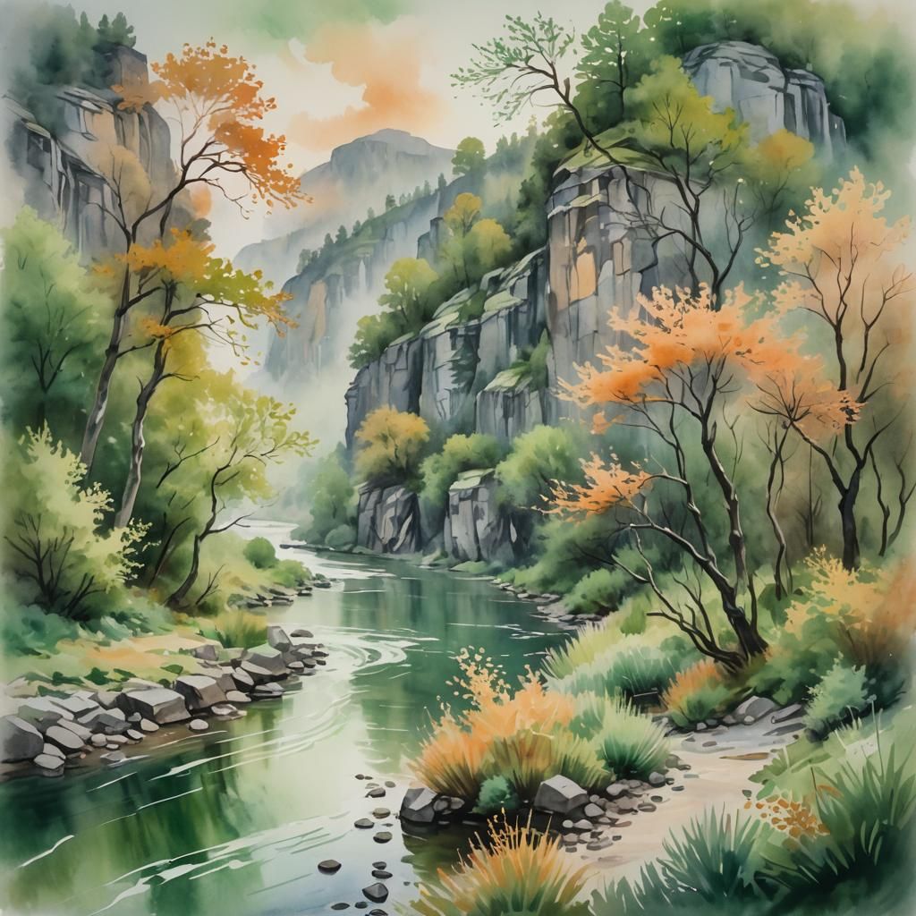 Dreamy Watercolor Landscape Painting with River