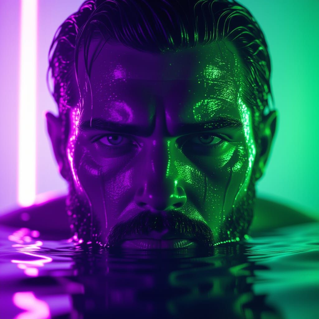 A hyper-realistic close-up portrait of a mysterious alien creature face, with only the right half visible and partially ...