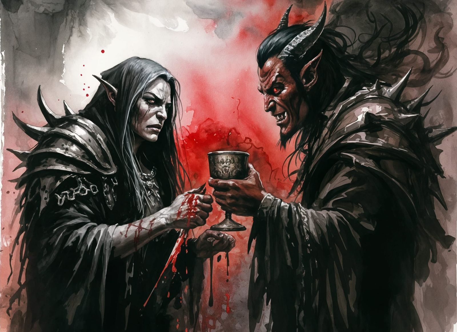 Dark Fantasy Blood Pact in Ink Drawing Style