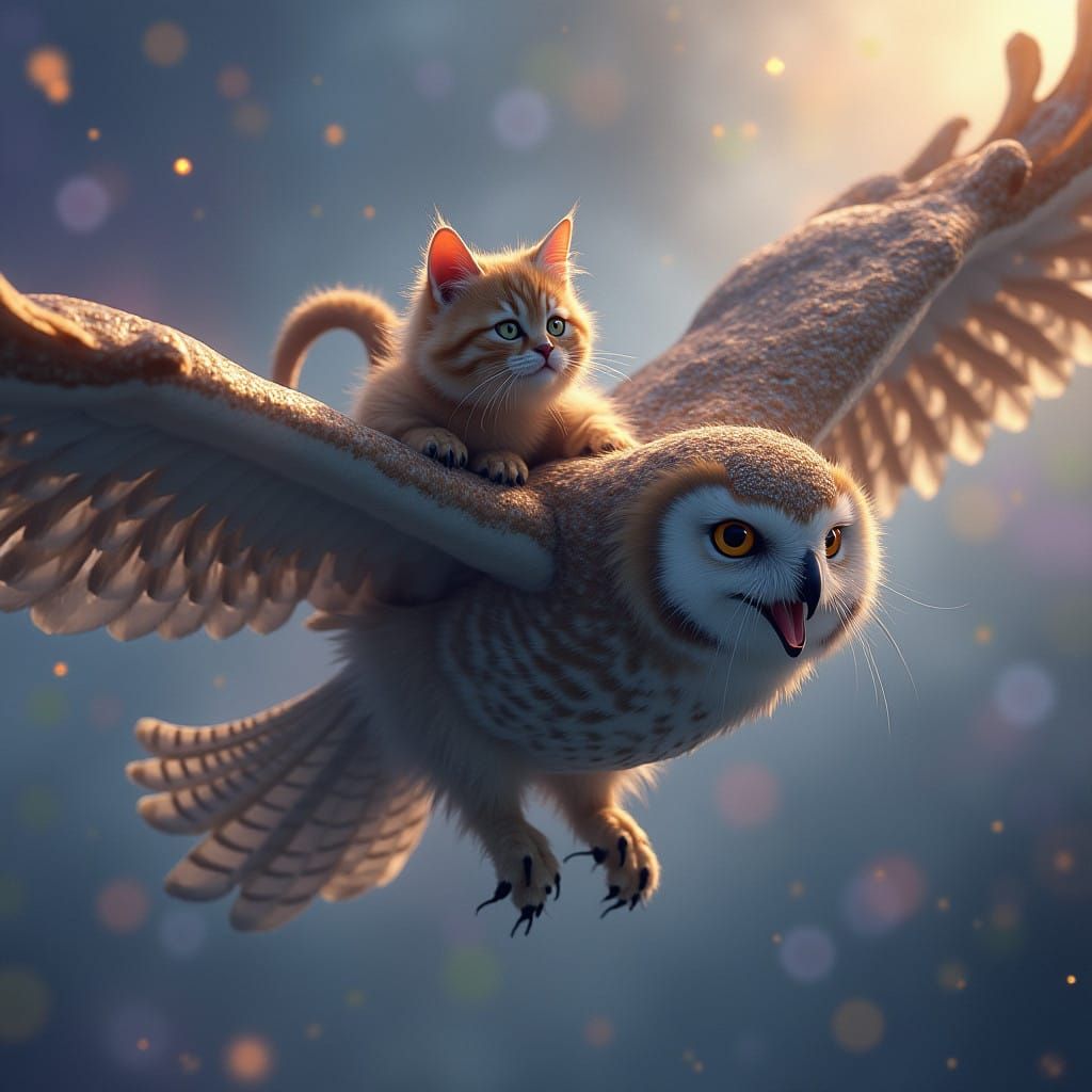 Majestic Cat Sits on Owl in Mid-Flight Amidst Whirling Mist